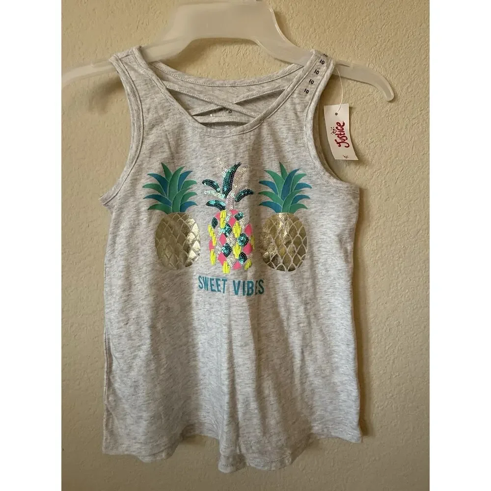 Lot Of 3 Justice Mermaid Unicorn Pineapple Sequin Sleeveless Tank Tops Size 10